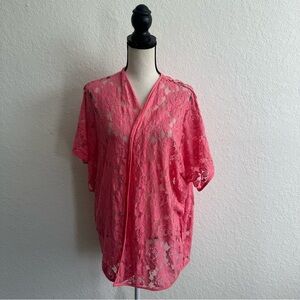 COCOLARUE Pink Floral Lace Cardigan Size Medium BarbieCore Casual Lightweight